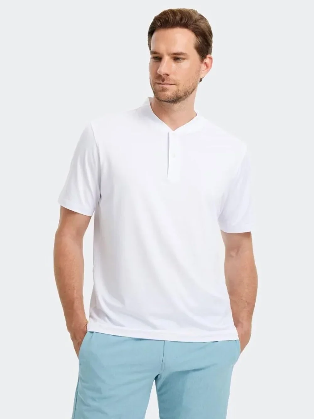 Mens White Dry Fit Henley Shirt Moisture Wicking Casual Performance Tee - Picture 2 of 6